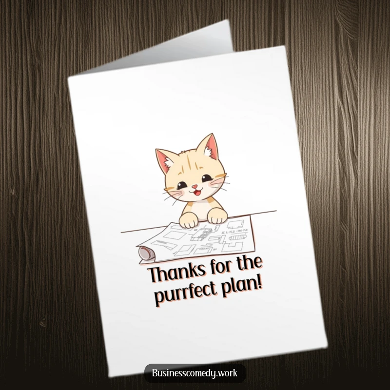 Funny Free Printable Thank You Card: A happy cat studying a blueprint, thoughtfully planning a thank you message.