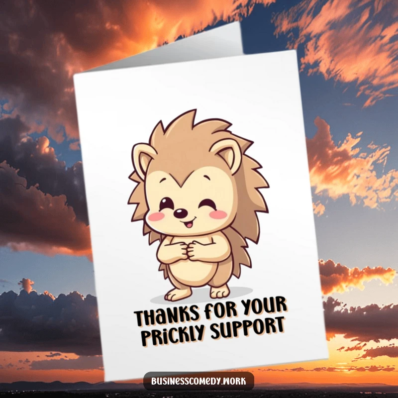 Funny Free Printable Thank You Card: Happy hedgehog beaming while shaking hands, conveying sincere gratitude.