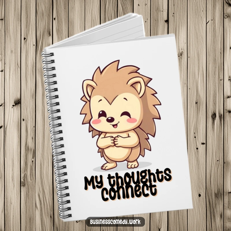 Funny happy hedgehog shaking hands on a notebook, beaming, a humorous journal for friendly people.