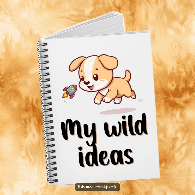Funny notebook cover featuring a playful puppy chasing a rocket icon, ideal for note-taking.