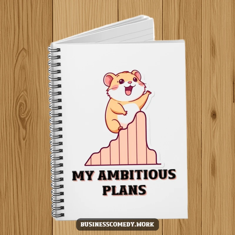 Funny notebook cover featuring a happy hamster climbing a stylized success graph, ideal for note-taking.