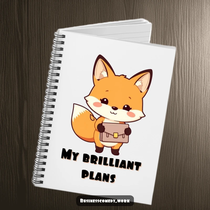 Funny notebook cover featuring a cheerful fox holding a small briefcase, perfect for writing down ideas.