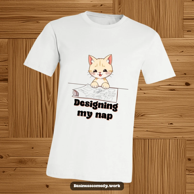 Funny t-shirt with a happy cat intently examining a blueprint, showcasing curiosity and design skills.