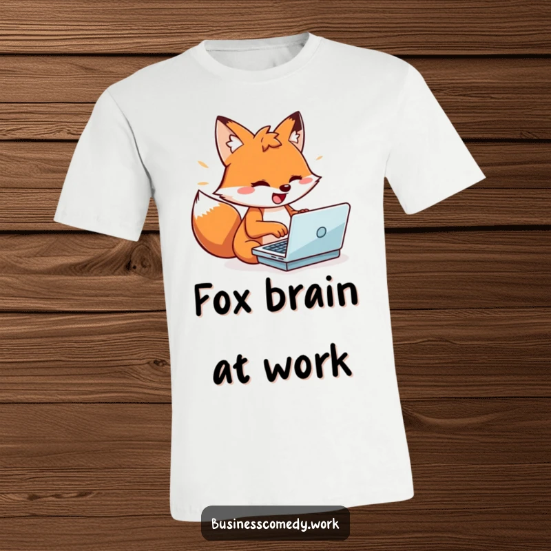 Funny energetic fox typing fast on a small laptop on a T-shirt, conveying speed and playfulness, a humorous design.