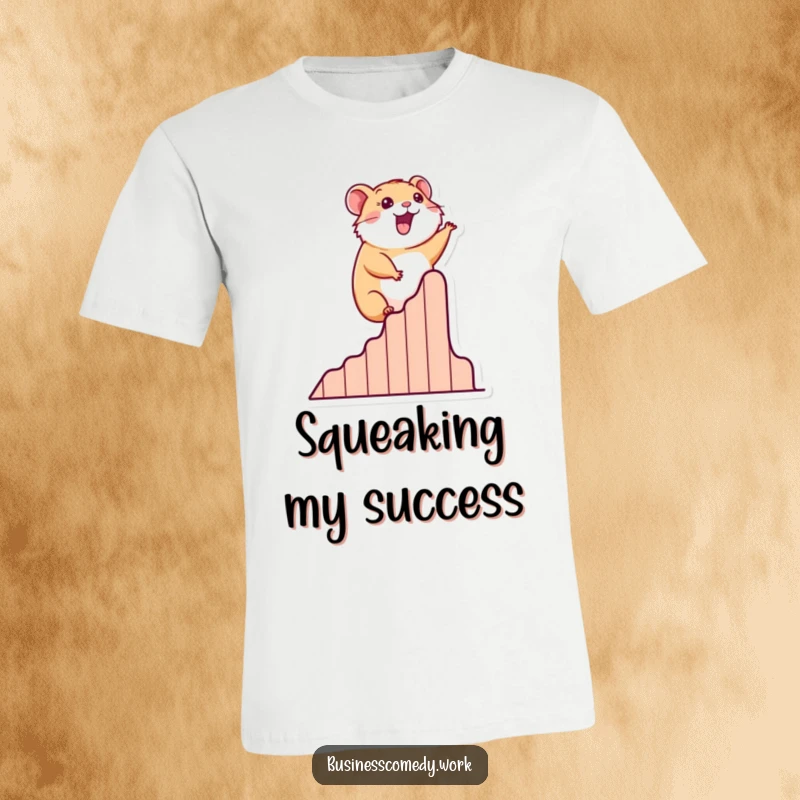 Funny t-shirt graphic of a happy hamster enthusiastically climbing an upward-trending business graph.