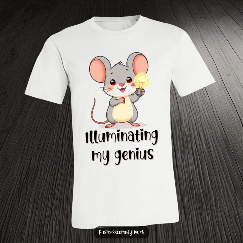 Funny t-shirt featuring a cheerful mouse bravely presenting a glowing lightbulb, smiling, symbolizing innovation and intelligence.
