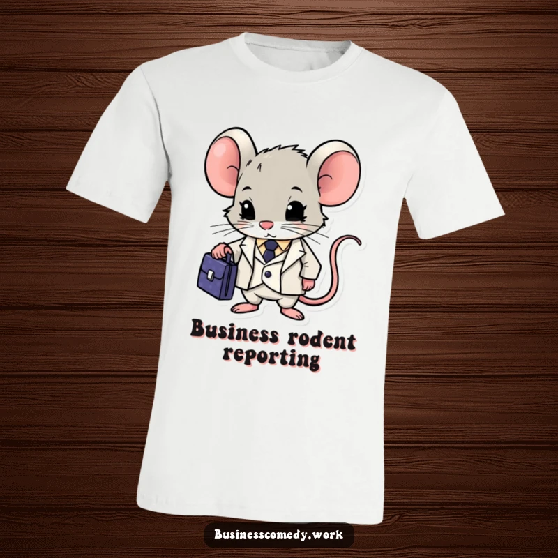 Funny mouse wearing a suit and holding a briefcase, looking sharply determined on a T-shirt, perfect for corporate humor.