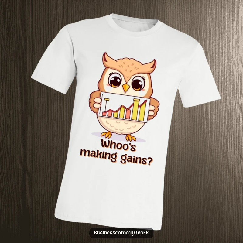 Funny cheerful owl holding a rising graph chart on a T-shirt, smiling with pride, a humorous design for smart people.