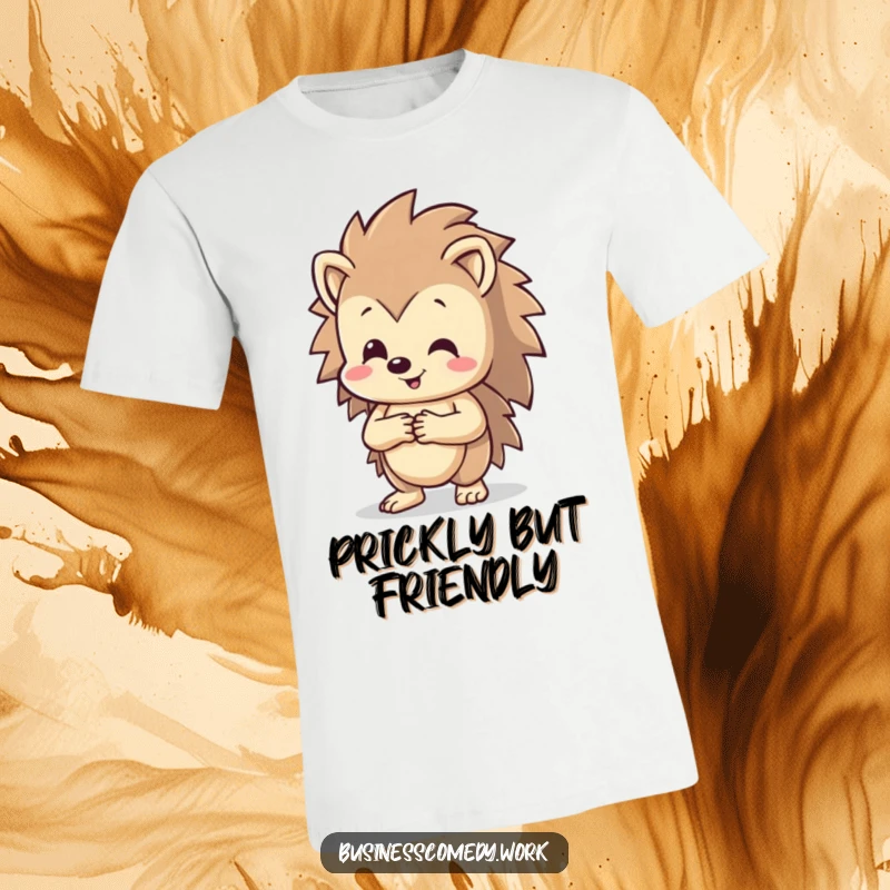 Funny happy hedgehog shaking hands on a T-shirt, beaming with a positive vibe, a humorous design for social butterflies.
