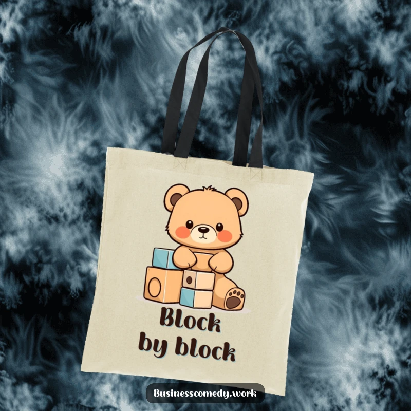 Funny tote bag illustration of a cute bear cub cub focused on stacking colorful building blocks, perfect for daily use.
