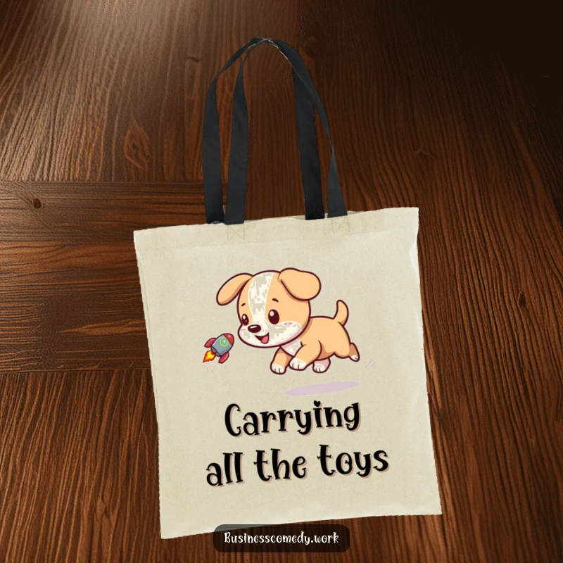 Funny tote bag featuring a playful puppy chasing a tiny rocket icon, perfect for carrying essentials.
