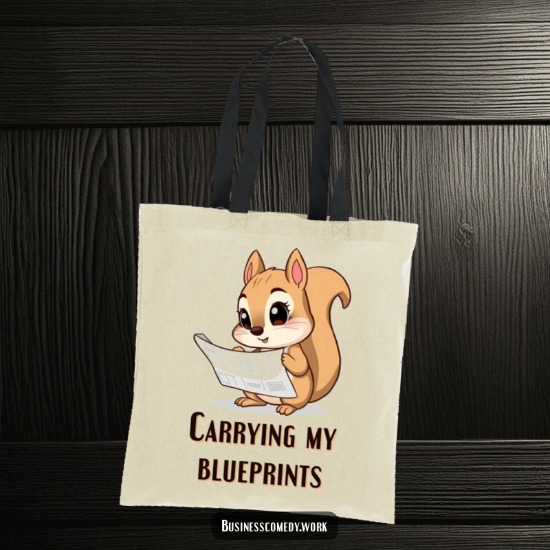 Funny tote bag illustration of a curious squirrel studying a blueprint, perfect for carrying supplies.