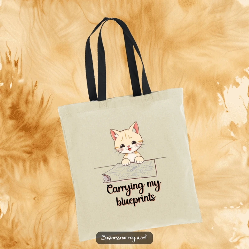 Funny tote bag with a happy cat studying a blueprint, symbolizing detailed planning and a curious mind.