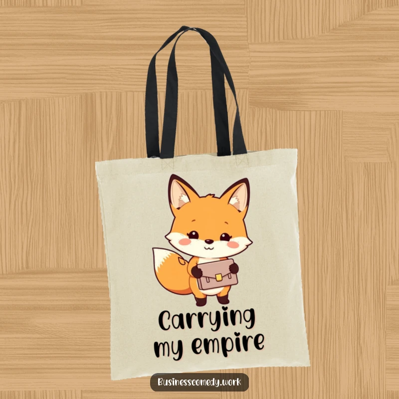 Funny tote bag illustration of a cheerful fox smiling while holding a small briefcase, perfect for daily use.
