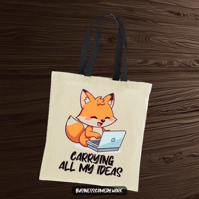 Funny energic fox typing on a miniature laptop on a tote bag, a humorous and practical accessory for busy people.