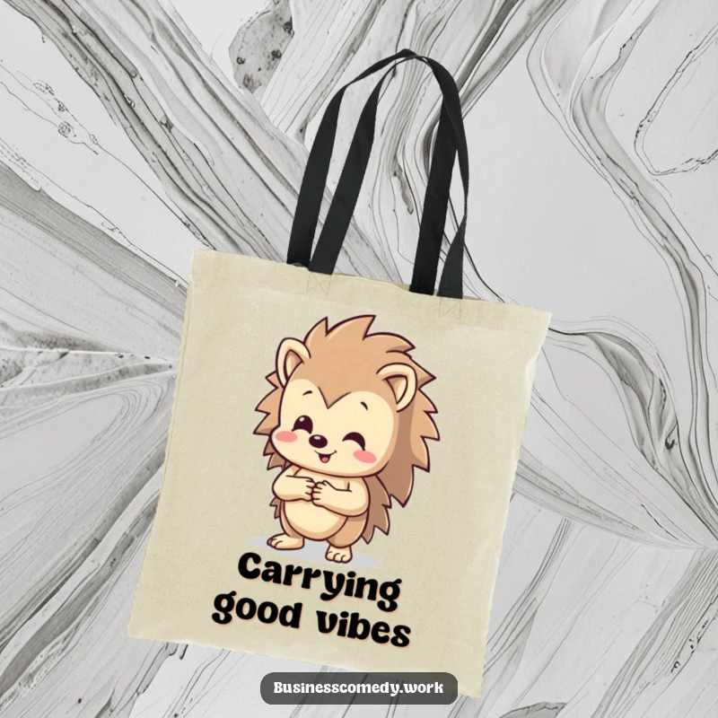 Funny happy hedgehog shaking hands on a tote bag, beaming with joy, a humorous accessory for friendly people.