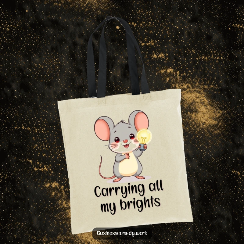 Funny tote bag featuring a cheerful mouse presenting a glowing lightbulb, symbolizing bright ideas and a happy, smart demeanor.