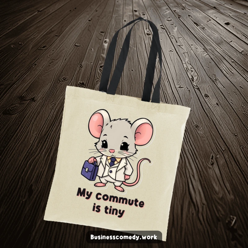 Funny mouse in a suit with a briefcase on a tote bag, looking determined and focused, a humorous shopping accessory.